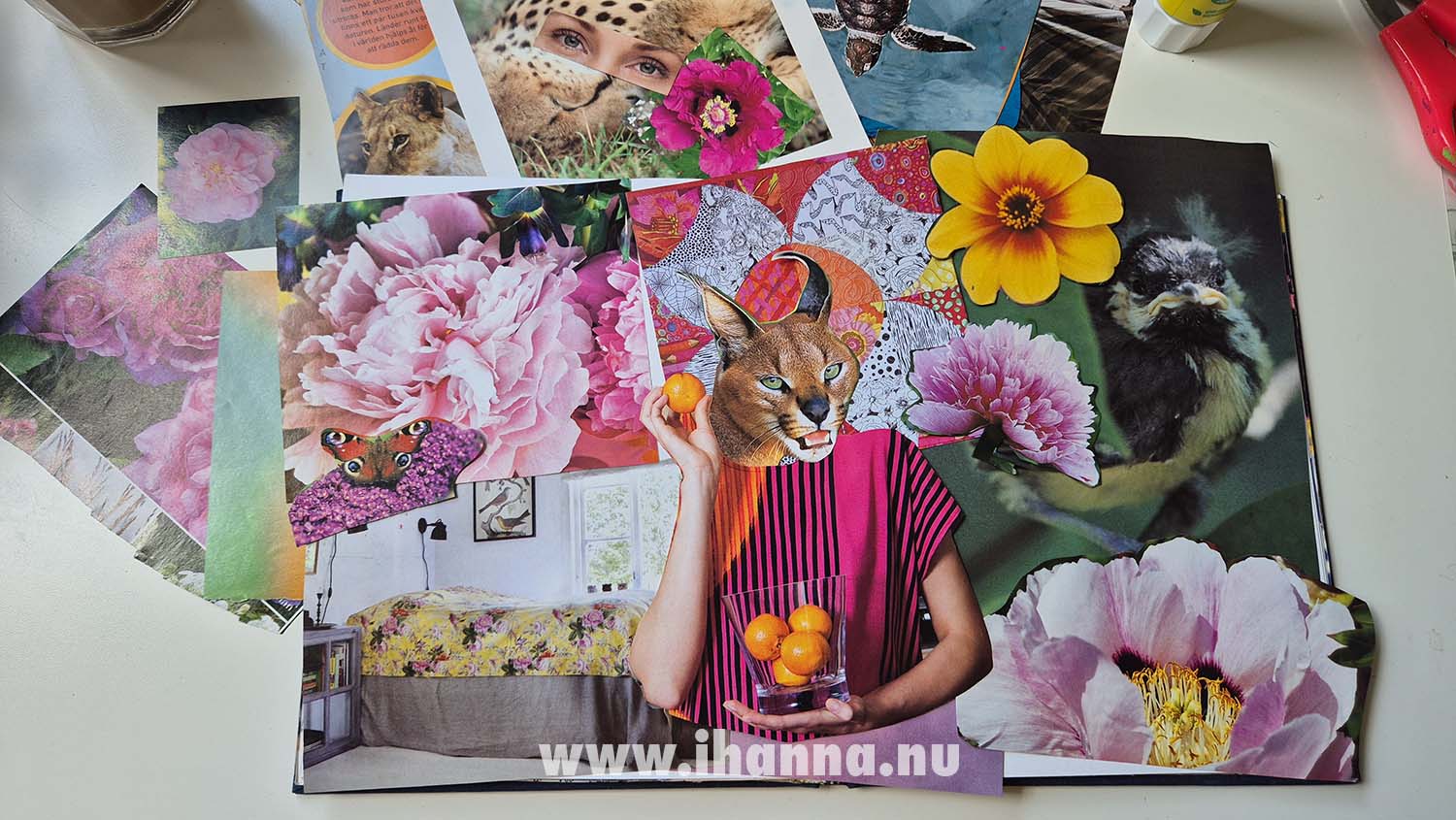 Laying out images to glue into my altered book (Photo Copyright Hanna Andersson)