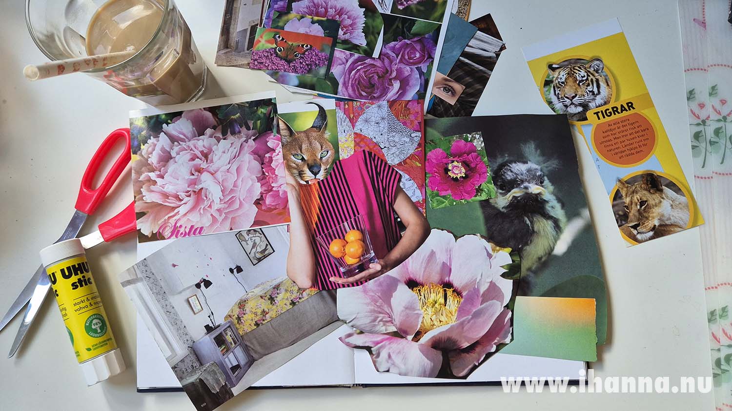 Start of the glue book collage Citrus Cat Lady in altered book by iHanna (Photo Copyright Hanna Andersson)