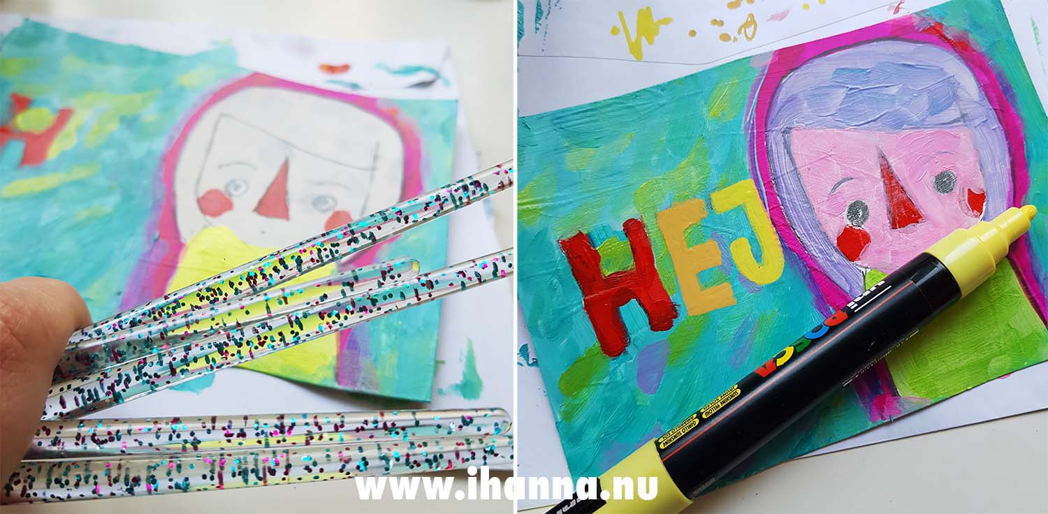 Paint brushes with glitter handles and WIP mini painting / postcard in the making 2024 (Copyright Hanna Andersson)