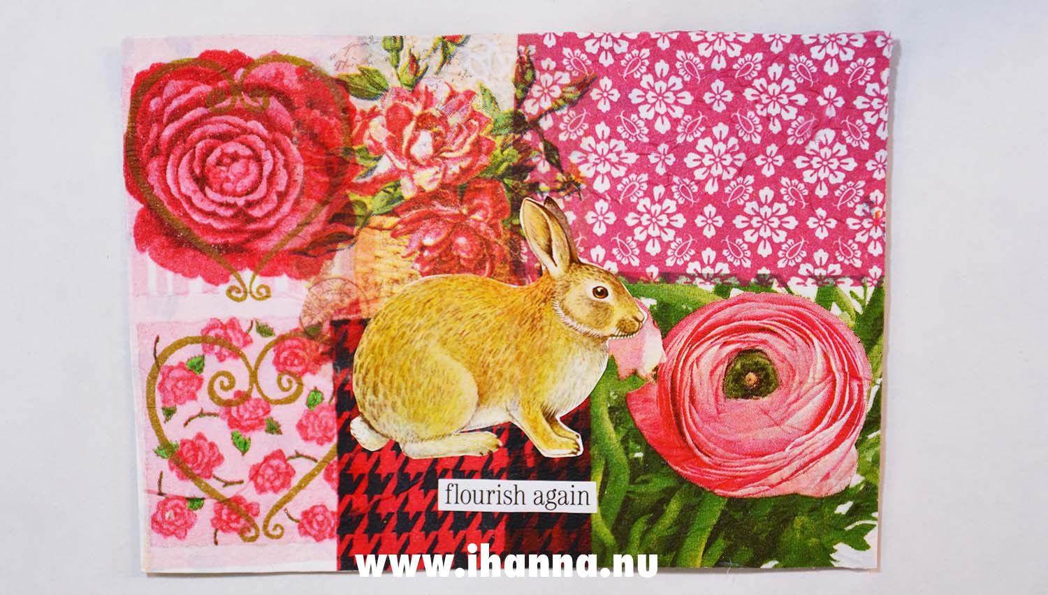 Rabbit DIY Postcard decoupage Flourish again made 2024 by iHanna (Copyright Hanna Andersson)