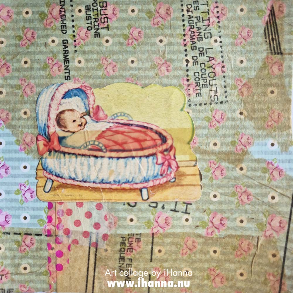 Baby baby, a square art collage on paper by iHanna (Copyright Hanna Andersson) 2025