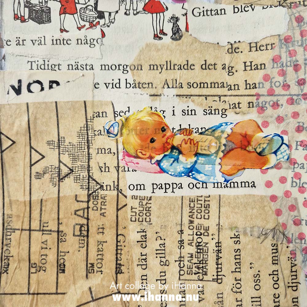 Baby baby, a square art collage on paper by iHanna (Copyright Hanna Andersson) 2025