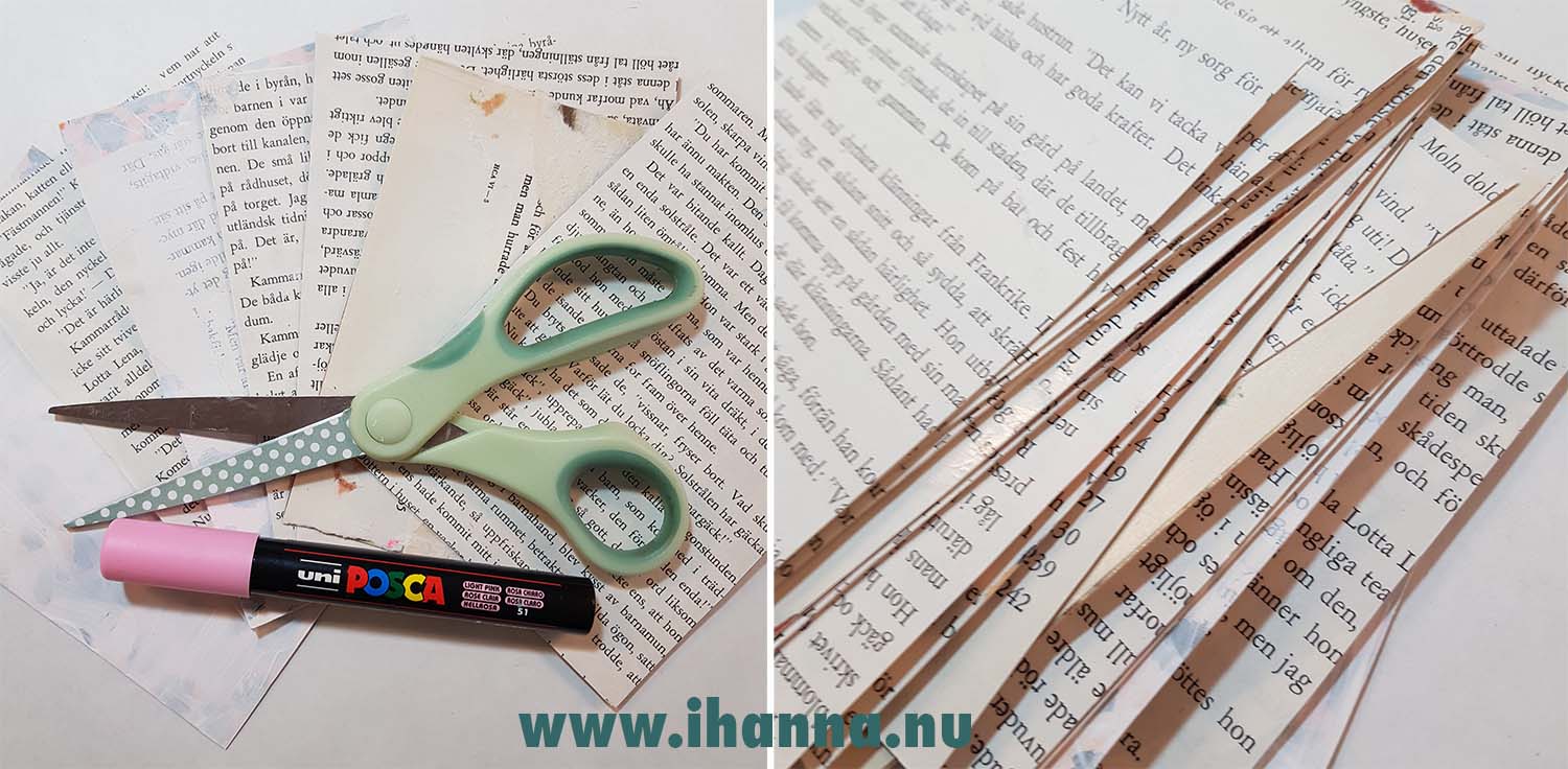 Text pages as collage background on a DIY Postcards in the making the start of Decoupage Postcard (Copyright Hanna Andersson)