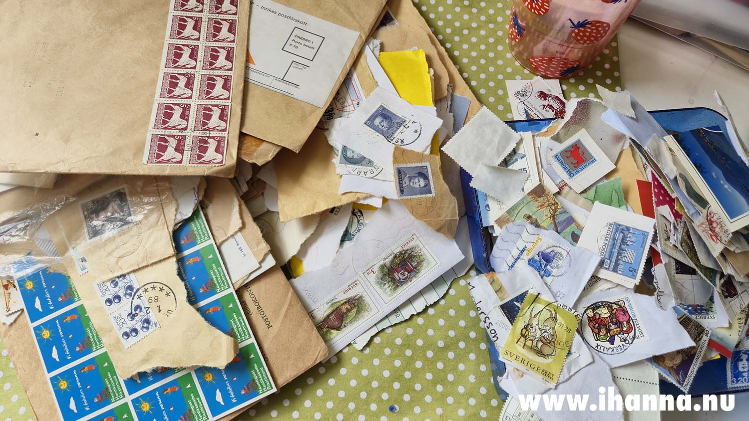 Sorting and using postal stamps as collage ephemera with artist iHanna (Photo copyright Hanna Andersson)