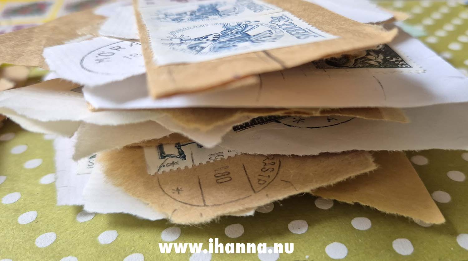 Sorting and using postal stamps as collage ephemera with collage artist iHanna (Photo copyright Hanna Andersson)