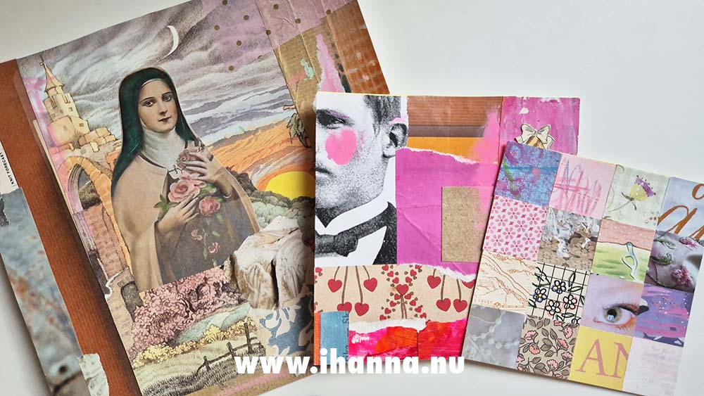 Three collages by iHanna on square paper next to each other for size comparison 2025 (Photo copyright H. Andersson)