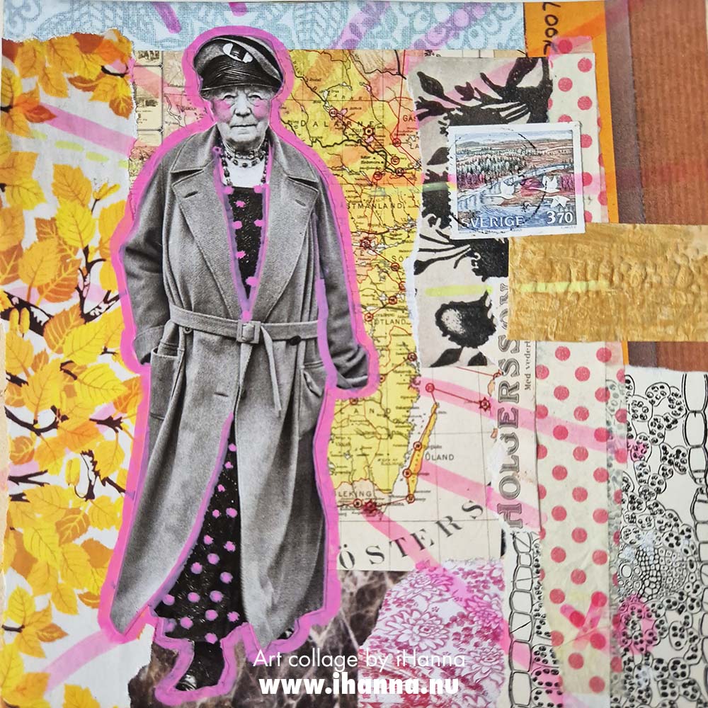 Square art collage on paper by iHanna titled On her own wings (Copyright Hanna Andersson)