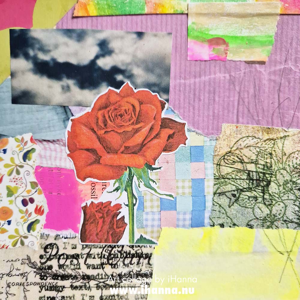 Square art collage on paper by iHanna titled Symbols of Good - a red rose greeting for you (Copyright Hanna Andersson)