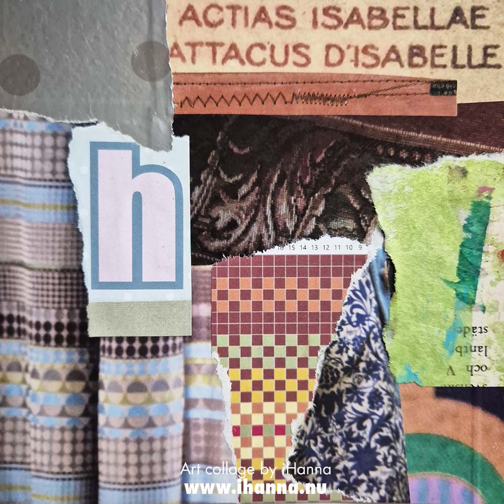 Square art collage on paper by iHanna titled Attic Finds - number 302 in the 365 somethings 2025 collage project (Copyright Hanna Andersson)