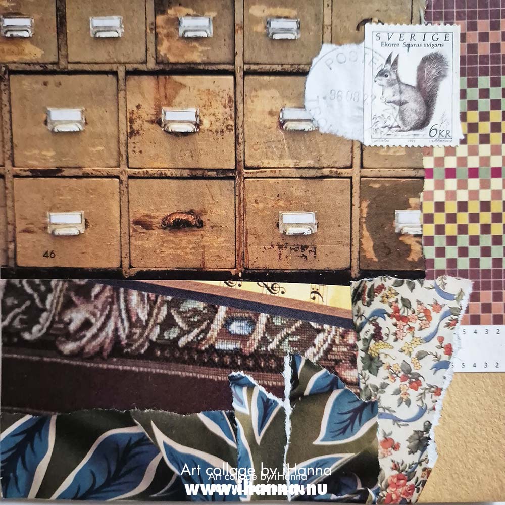 Square art collage on paper by iHanna titled Forgotten Memory Boxes - in the 365 somethings 2025 (Copyright Hanna Andersson)